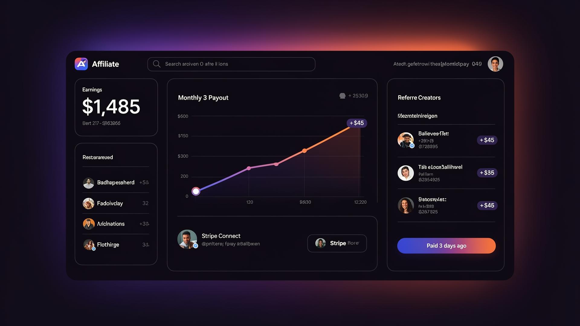 Affiliate dashboard with $1,485 earnings and Stripe payout